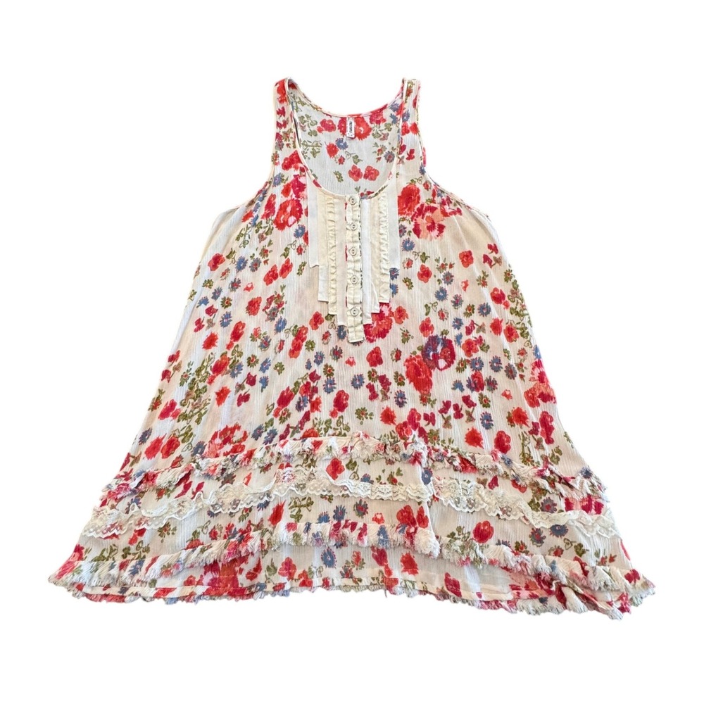 Free People Floral Babydoll Tunic L‎ Boho Ruffle Raw Hem Peasant Coastal